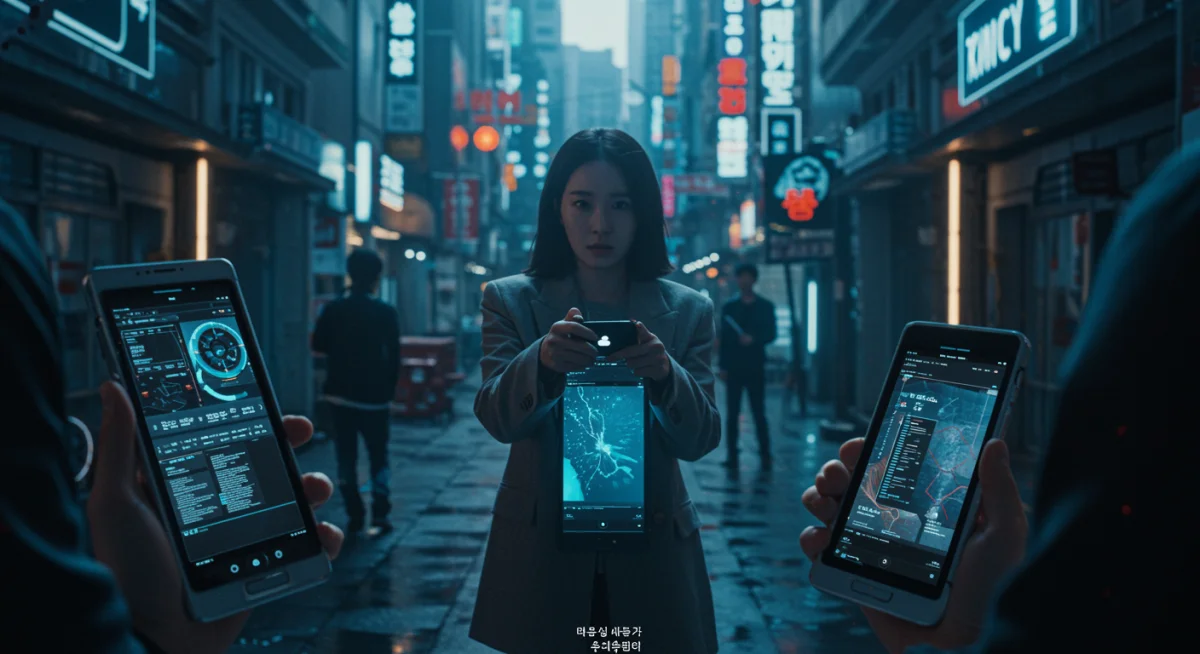 Imagen de un dorama futurista con efectos especiales avanzados, rascacielos iluminados y tecnología de punta, reflejando una inversión significativa en producción.