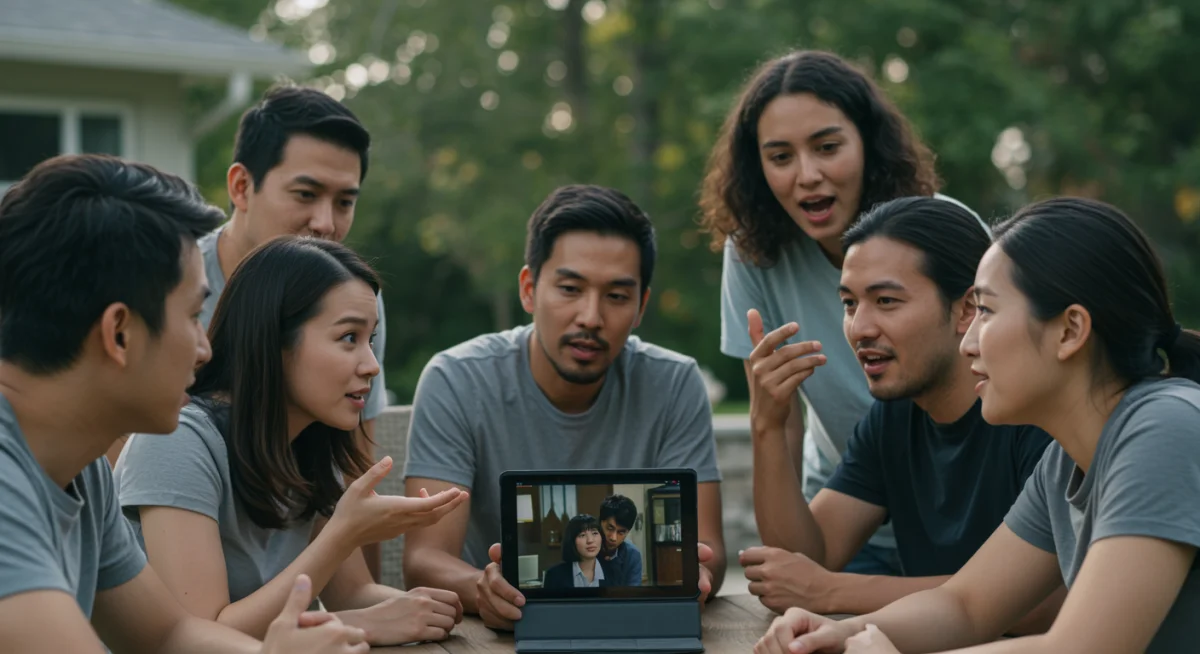 Dramas Coreanos: 6 Lecciones de Vida y su Impacto en EE. UU. 2 Amigos conversando animadamente sobre el impacto de los doramas en sus vidas.
