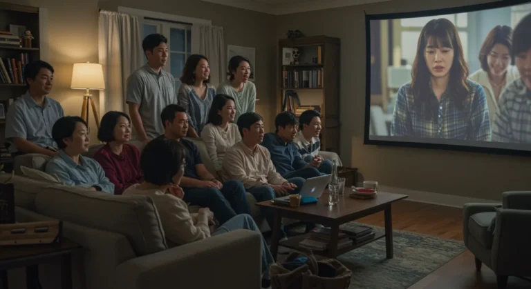 Grupo diverso de personas en Estados Unidos viendo un dorama con emoción.