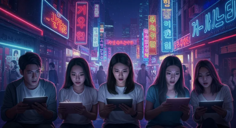 Fans en Estados Unidos viendo doramas coreanos con elementos futuristas y luces de neón de Seúl.