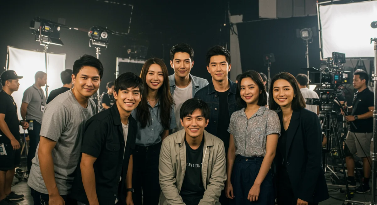 Grupo de actores jóvenes sonriendo en un set de filmación moderno, con equipo de producción visible, mostrando el proceso creativo.