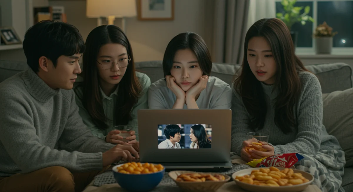Jóvenes viendo un dorama romántico en una sala acogedora, con palomitas y bebida.