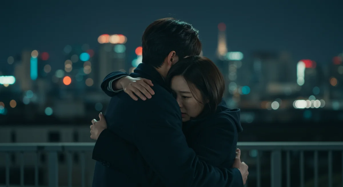 Escena dramática de dorama con dos personajes en un abrazo emotivo, fondo de ciudad borroso, simbolizando la calidad de las producciones.