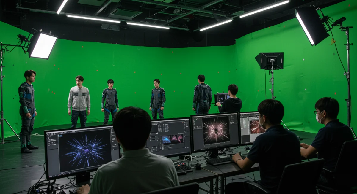 Equipo de producción de dorama trabajando con pantallas verdes y tecnología de captura de movimiento.