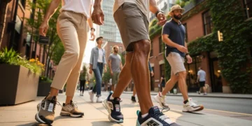 People walking in durable and stylish 2026 footwear trends in an American city