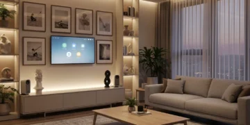 Modern living room with seamlessly integrated smart home technology and elegant decor