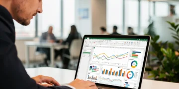 Professional analyzing advanced Excel data for business analytics on a laptop
