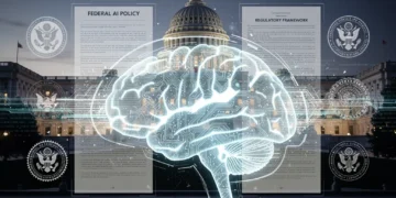 Illustration of AI technology merging with legal documents and government symbols, representing new federal regulations.