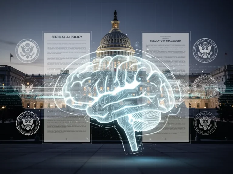 Illustration of AI technology merging with legal documents and government symbols, representing new federal regulations.