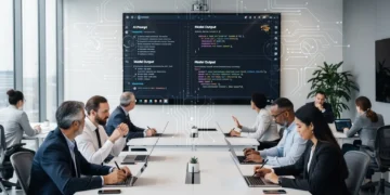 Professionals learning AI Prompt Engineering in a modern classroom setting with advanced technology