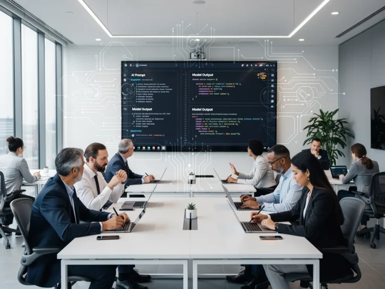 Professionals learning AI Prompt Engineering in a modern classroom setting with advanced technology