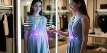Woman using AI virtual try-on in a fashion store
