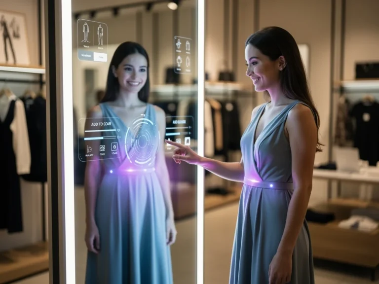 Woman using AI virtual try-on in a fashion store