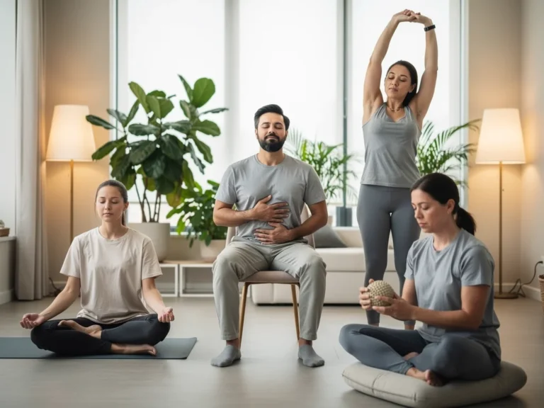Americans practicing anxiety relief techniques in a peaceful setting