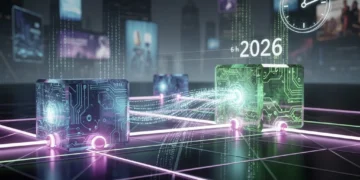 Dynamic visual of blockchain technology with interconnected blocks and digital streams, representing a 6-hour course for 2026.