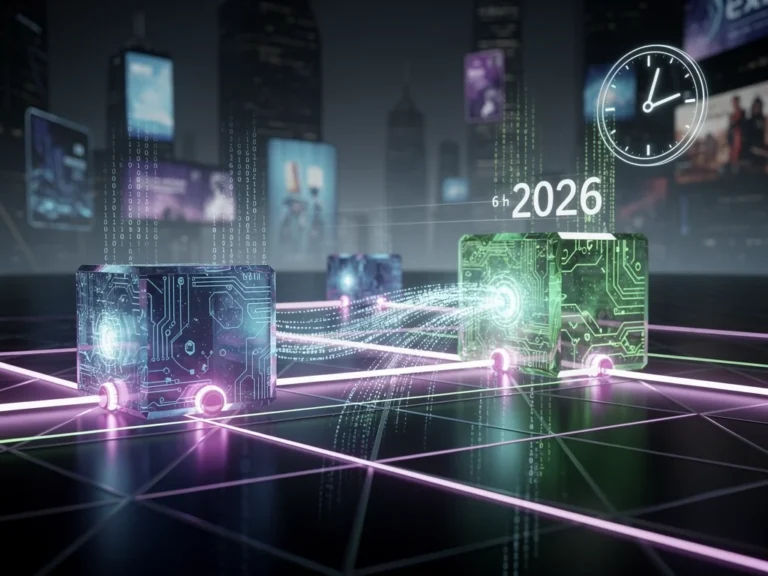 Dynamic visual of blockchain technology with interconnected blocks and digital streams, representing a 6-hour course for 2026.