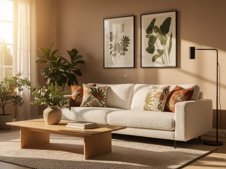 Luxurious living room with bouclé sofa and botanical pattern cushions, reflecting 2026 textile trends.