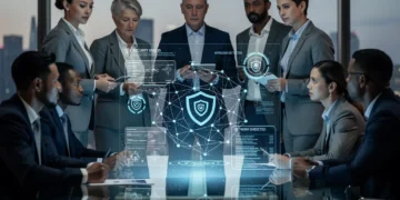 Business professionals analyzing federal cybersecurity mandates on a holographic screen