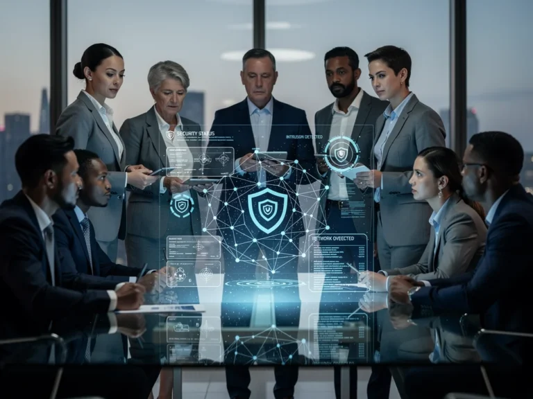 Business professionals analyzing federal cybersecurity mandates on a holographic screen