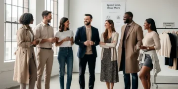 Stylish individuals demonstrating a versatile capsule wardrobe for various US climates, emphasizing smart fashion choices and cost savings.