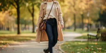 Woman in chic transitional fall outfit with trench coat and knit sweater