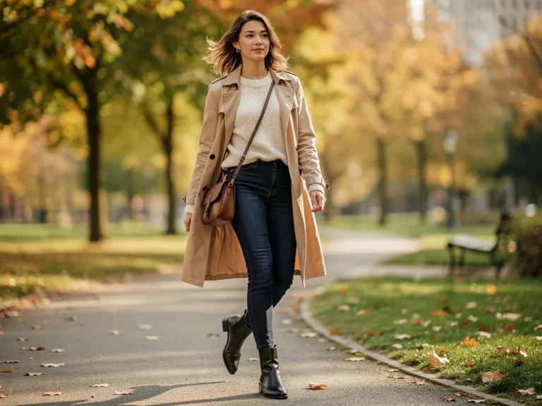 Woman in chic transitional fall outfit with trench coat and knit sweater