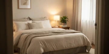 Cozy bedroom with soft lighting and plush textiles for enhanced comfort
