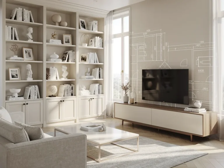 Elegant custom built-in bookshelves next to a modern ready-made media console in a sunlit living room.