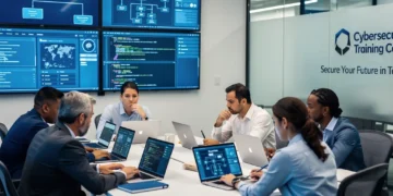 Professionals learning cybersecurity skills in a modern training environment