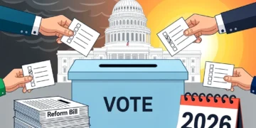Infographic showing electoral reforms impacting 2026 midterm elections with ballot box and legislative symbols