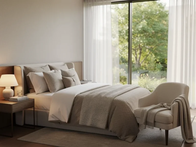 Elegant bedroom sanctuary with soft lighting and plush bedding