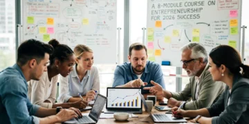 Entrepreneurs collaborating on business plans in a modern co-working space, focused on an 8-module startup course for 2026 success.