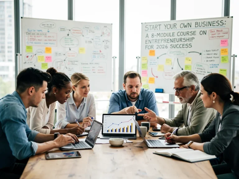 Entrepreneurs collaborating on business plans in a modern co-working space, focused on an 8-module startup course for 2026 success.