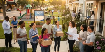 Diverse individuals entering new, affordable housing units, symbolizing federal support for homelessness reduction.