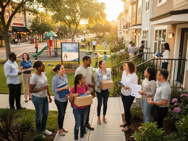 Diverse individuals entering new, affordable housing units, symbolizing federal support for homelessness reduction.