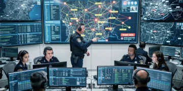 Federal law enforcement team analyzing organized crime data on screens.