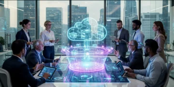 Professionals discussing cloud architecture on a holographic display, representing future cloud certification trends.