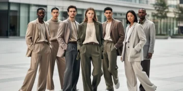Diverse models in gender-neutral fashion showcasing oversized blazers, wide-leg trousers, and minimalist shirts in an urban setting.