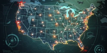 Stylized global security map with US focus, cyber threat indicators, and military symbols.