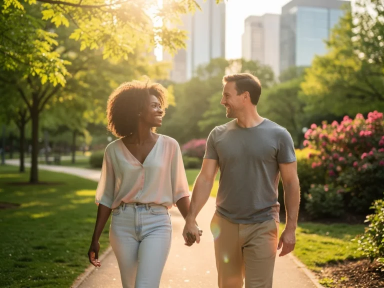 Couple smiling, holding hands, symbolizing strong healthy communication