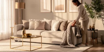 Luxurious living room with affordable decor elements, high-end look on a budget