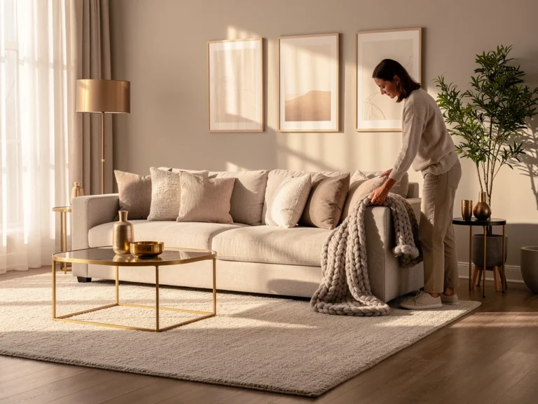 Luxurious living room with affordable decor elements, high-end look on a budget