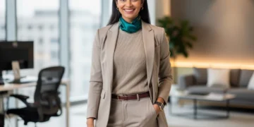 Professional woman in versatile hybrid office workwear for 2026