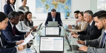 Diverse individuals reviewing visa application forms and digital immigration policy updates