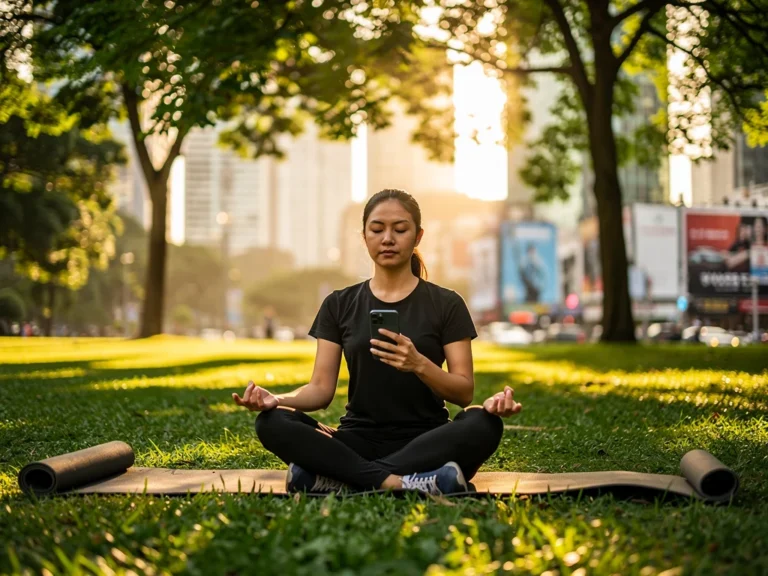 Person meditating in a park, phone off, symbolizing digital detox and well-being