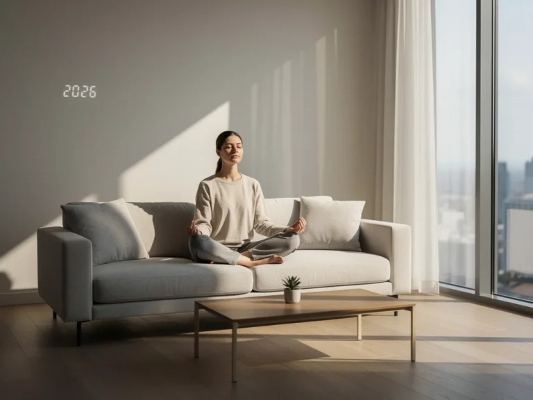 Person meditating peacefully in a modern living room, practicing mindfulness in 2026