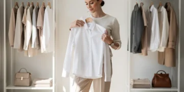 Woman in minimalist chic closet holding a classic white shirt, embodying timeless style and organization.