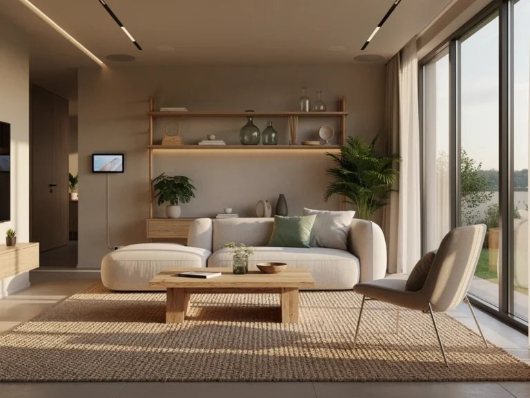 Modern American living room featuring sustainable design and smart technology