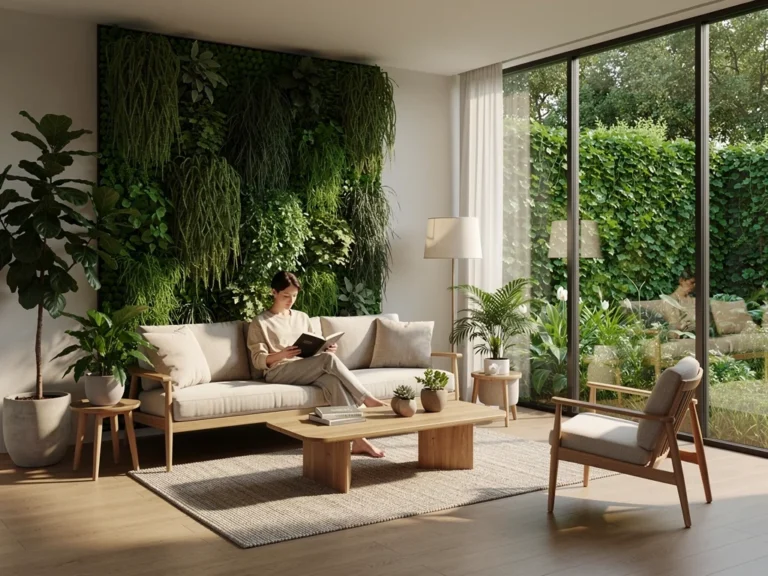Modern living room with biophilic design elements, natural light, and abundant plants.