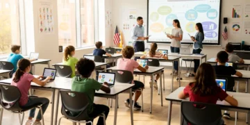 Students and teachers collaborating in a modern classroom setting, reflecting educational advancements